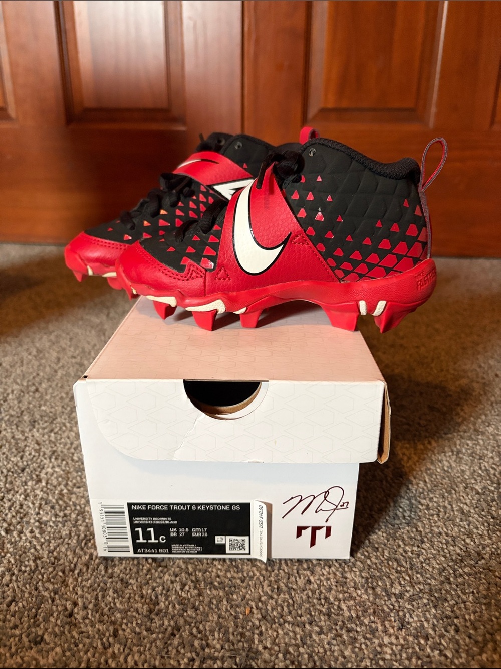 Nike Trout Kids' Red and Black Baseball Spikes (size 11)